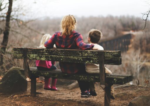 Children sat on a bench with their mother